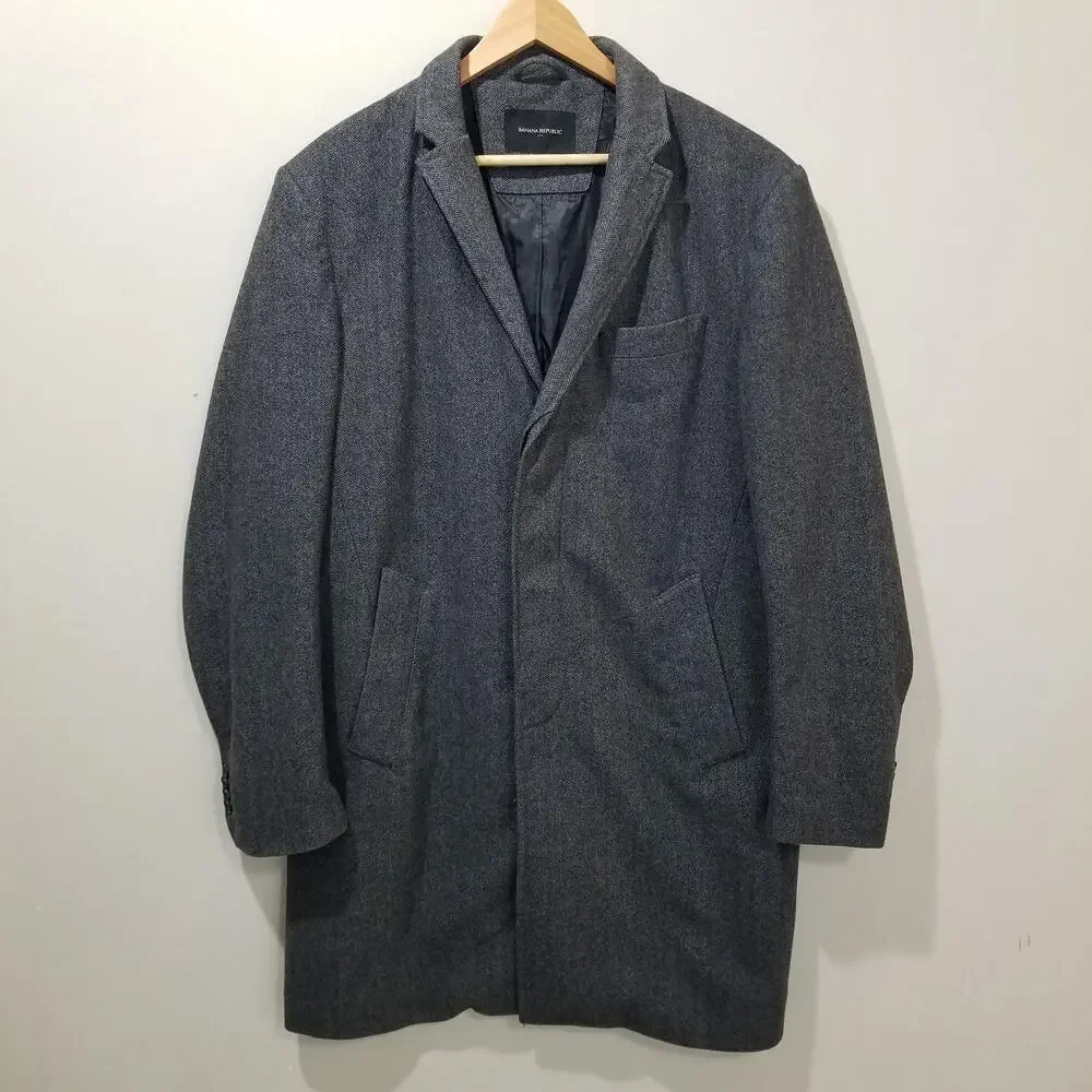 Banana Republic Coat Mens Large Gray Wool HB Topcoat Herringbone Tweed Lined
